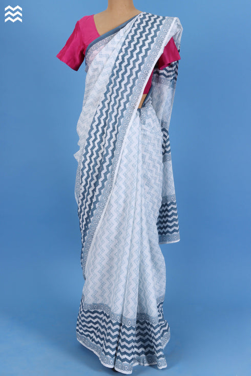 Mulmul Cotton Saree With Fall In Graphic Block Print